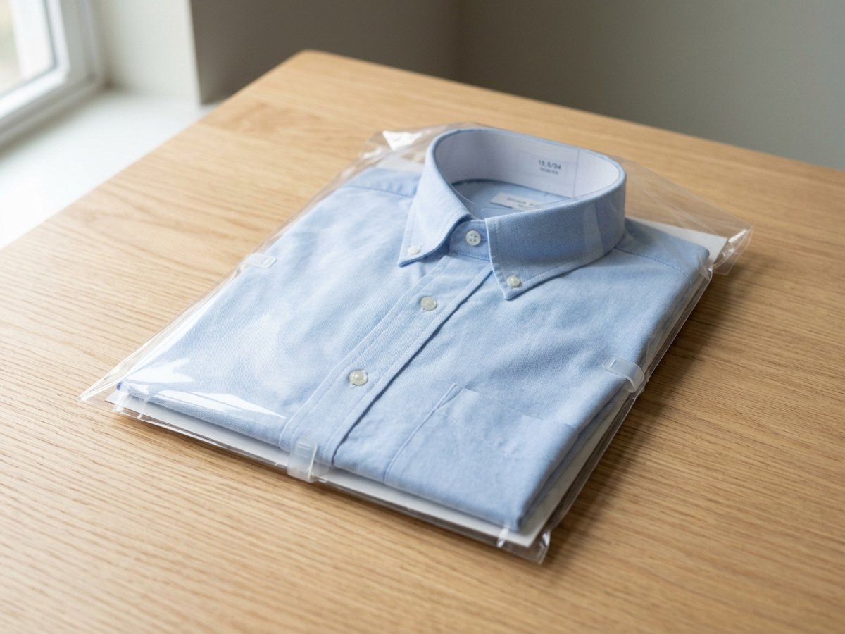 Neatly folded shirt inside clear fitted plastic packaging with cardboard support and discreet clips