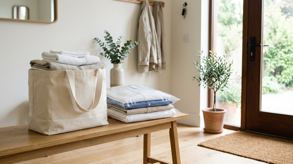 Neatly packed laundry ready inside a bright home entrance foyer near the doorway