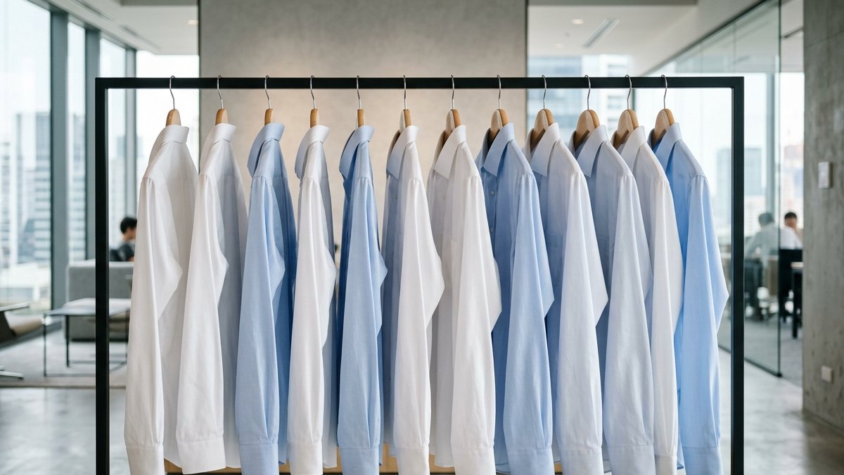 Office shirts and uniforms in crisp white and blue hanging neatly on a rail in a bright modern workplace