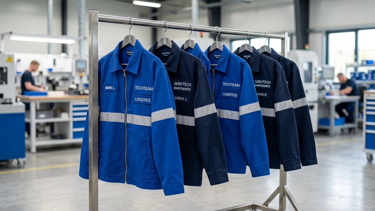 Clean royal blue and navy technician workwear jackets with silver reflective safety stripes on a clothing rail