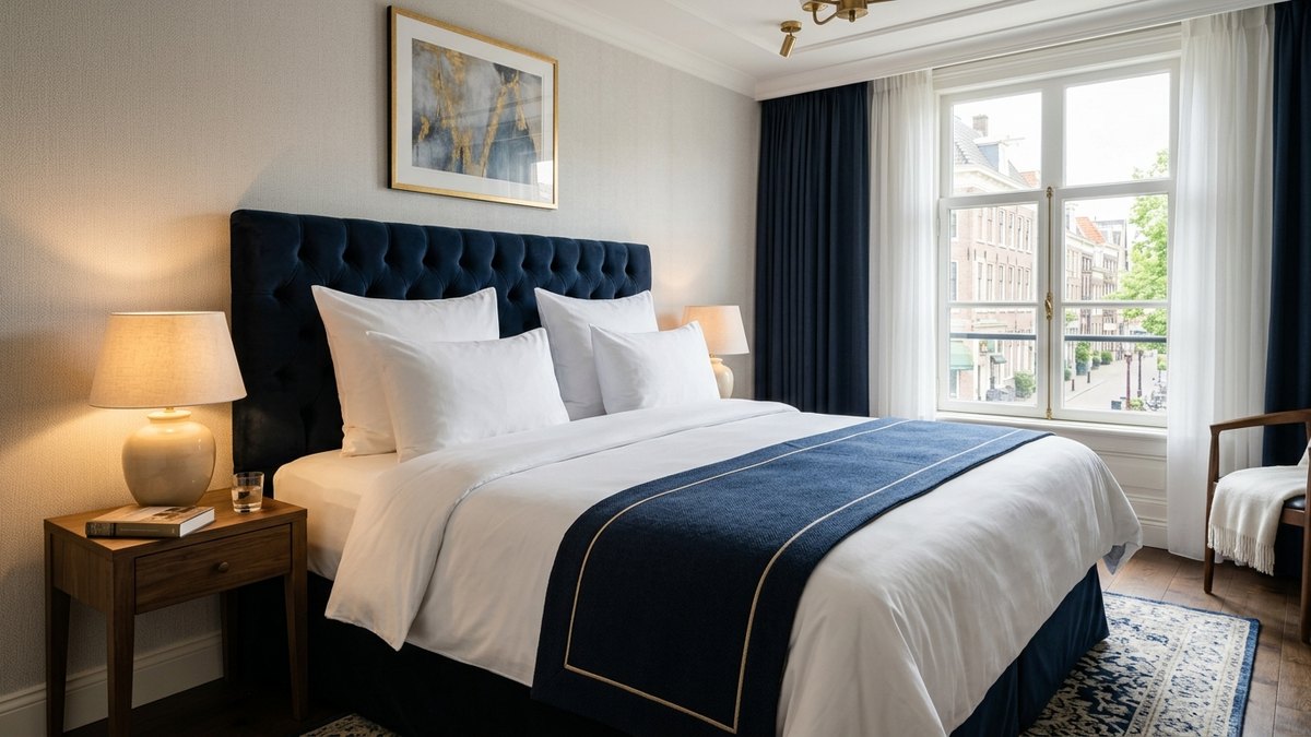Crisp white hotel bed linen and pillows on a neatly made bed with navy runner in a luxury hotel room