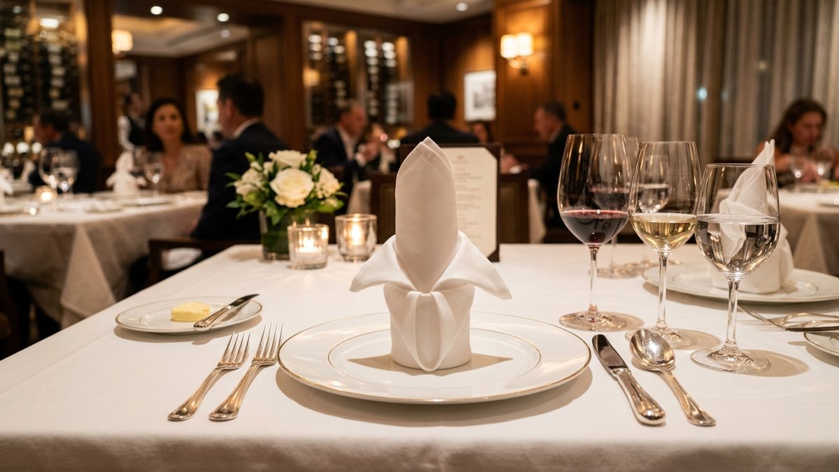 Fine dining table setting with immaculate white tablecloth, folded standing cloth napkin, and sparkling glassware