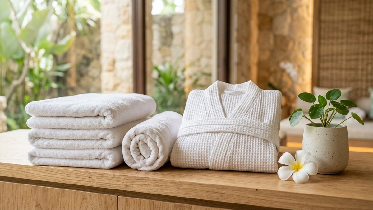 Plush folded white towels and clean waffle spa bathrobe neatly presented in a serene wellness spa