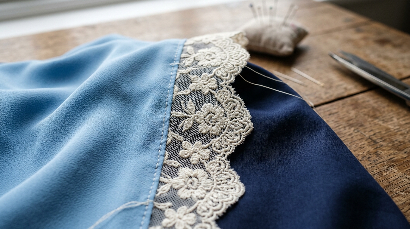 Close-up of intricate woven fabric texture, smooth inner silk lining and delicate collar trim in blue and ivory