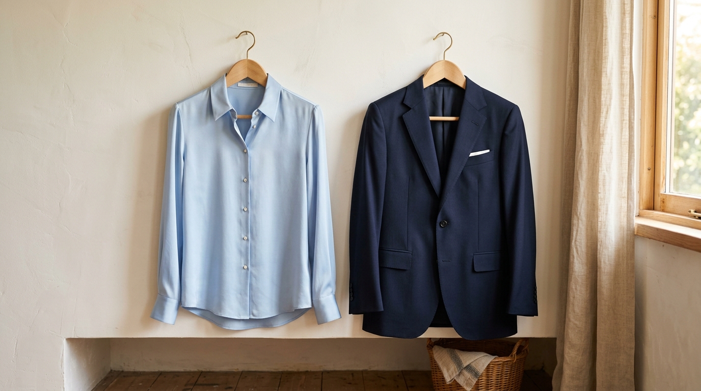 Crisply finished light blue silk blouse and navy jacket hanging elegantly on solid wooden hangers
