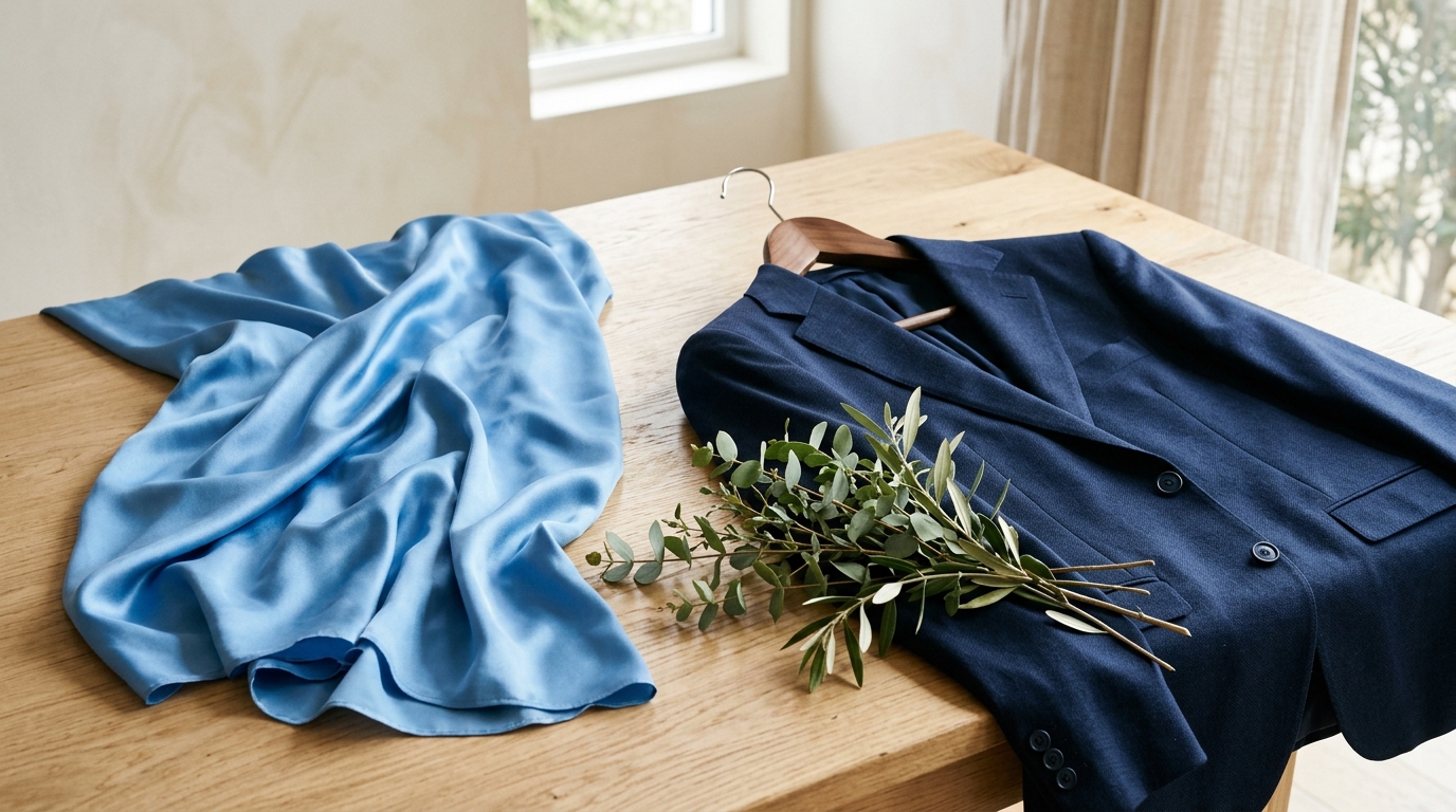 Lustrous sky blue silk fabric draped beside a tailored navy suit jacket on wooden hanger with eucalyptus greenery
