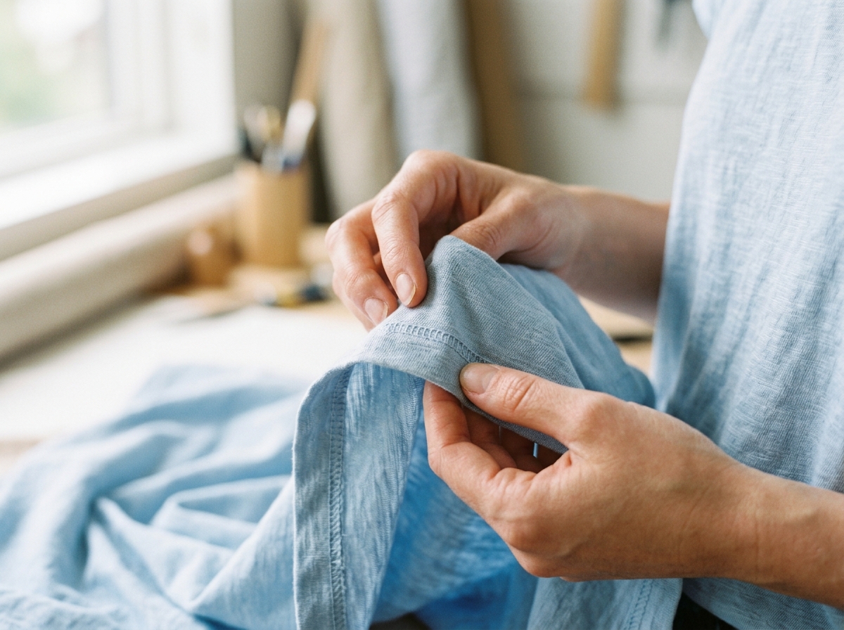 Close-up hands gently inspecting a garment seam and fabric weave in soft light