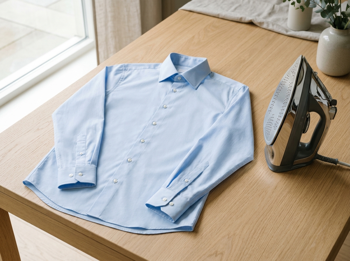 A crisp, freshly pressed light-blue button-down shirt laid flat beside a sleek modern steam iron