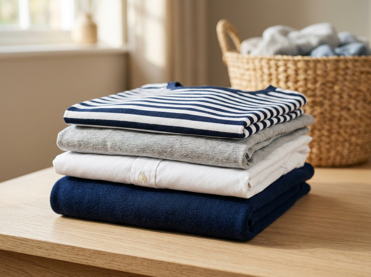A neat stack of clean everyday folded shirts: navy striped tee, heather grey, white, and navy sweater