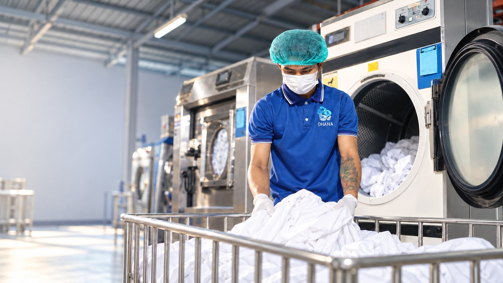 Ohana team member in uniform handling clean white linen in a laundry workroom beside washing machines