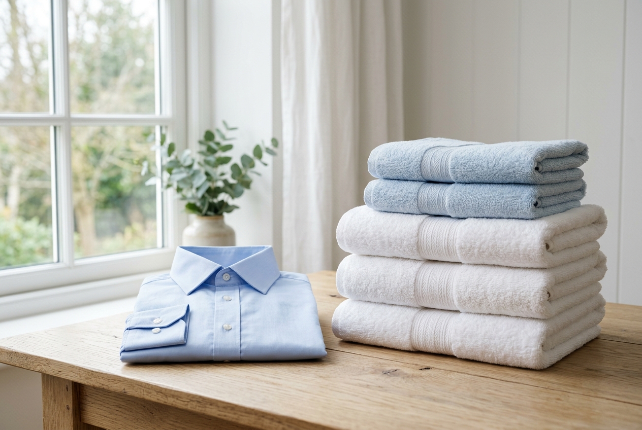 Neat stack of freshly washed and folded white and blue cotton towels beside a pressed dress shirt on a wooden table