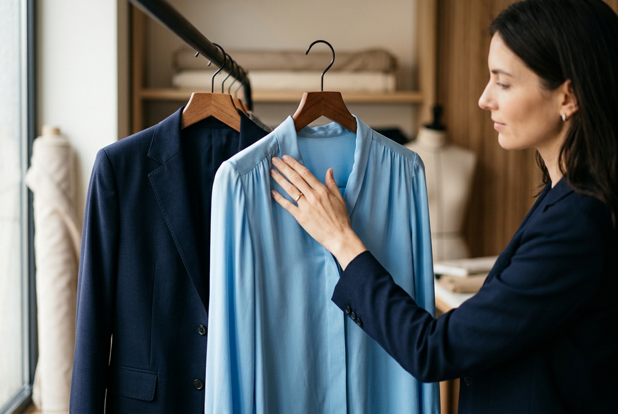 Gentle inspection of a delicate sky-blue silk blouse on a hanger beside a navy tailored blazer