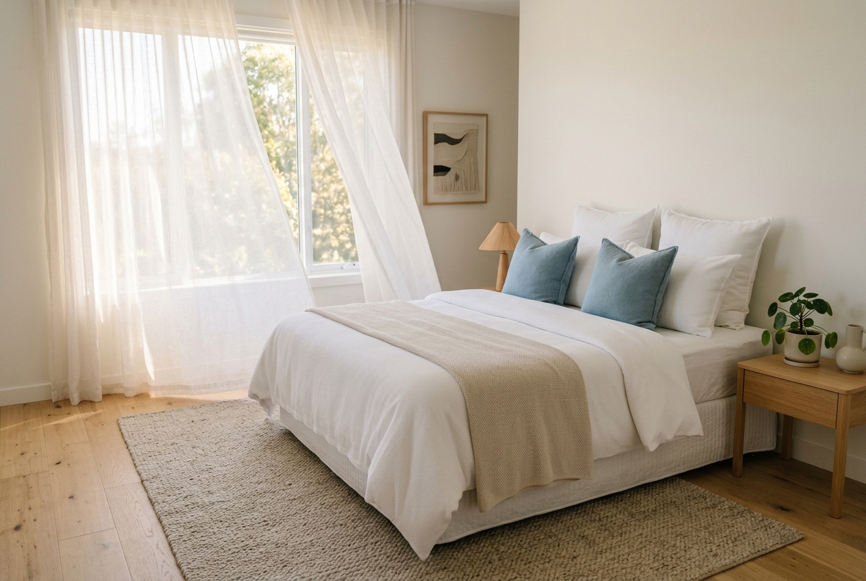Bright and airy modern bedroom with sheer curtains, crisp white linens, and a made bed
