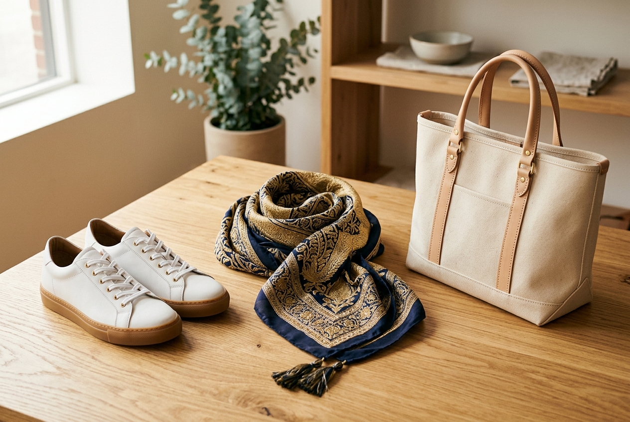 Cherished traditional embroidered fabric, pristine clean white sneakers, and canvas tote bag on wood surface