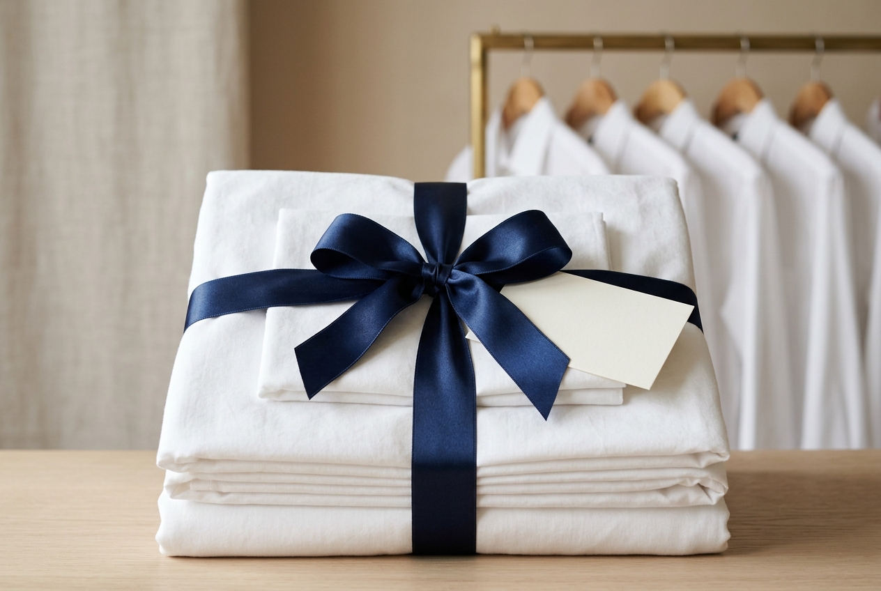 Freshly laundered white linens wrapped with navy satin ribbon, care note card, and clean shirts in background