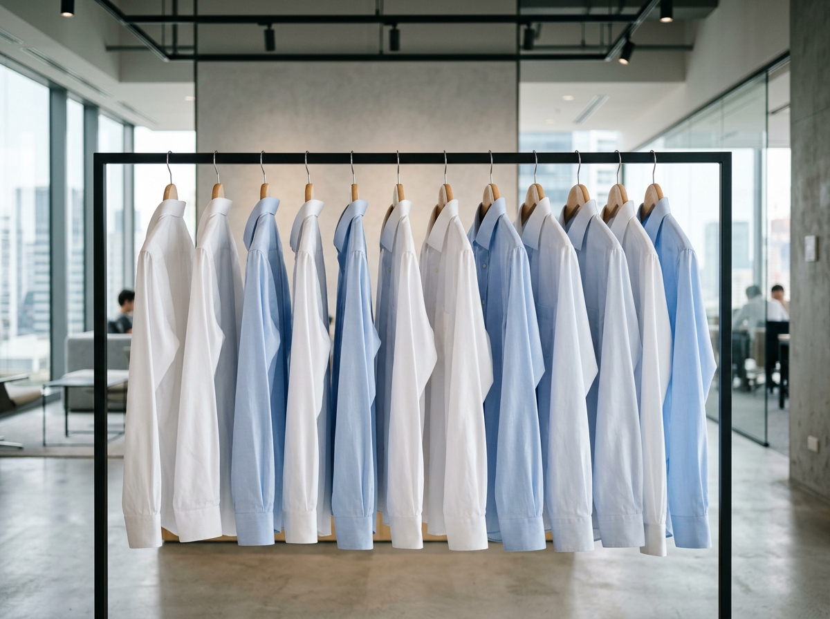 Crisp freshly pressed business shirts hanging on wooden hangers on a rail