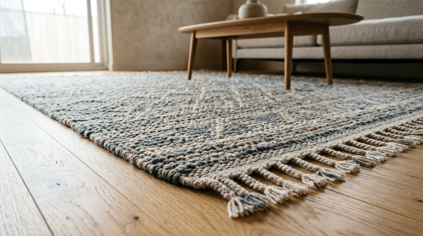 Tactile woven area rug with looped wool texture and fringed trim on natural light wood flooring