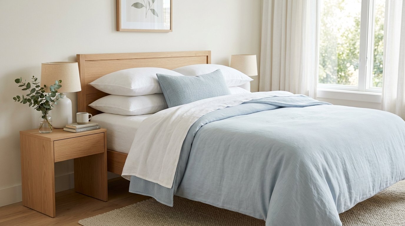 Pristine white and pale-blue bedding with plush duvet and stacked pillows in a bright, peaceful bedroom