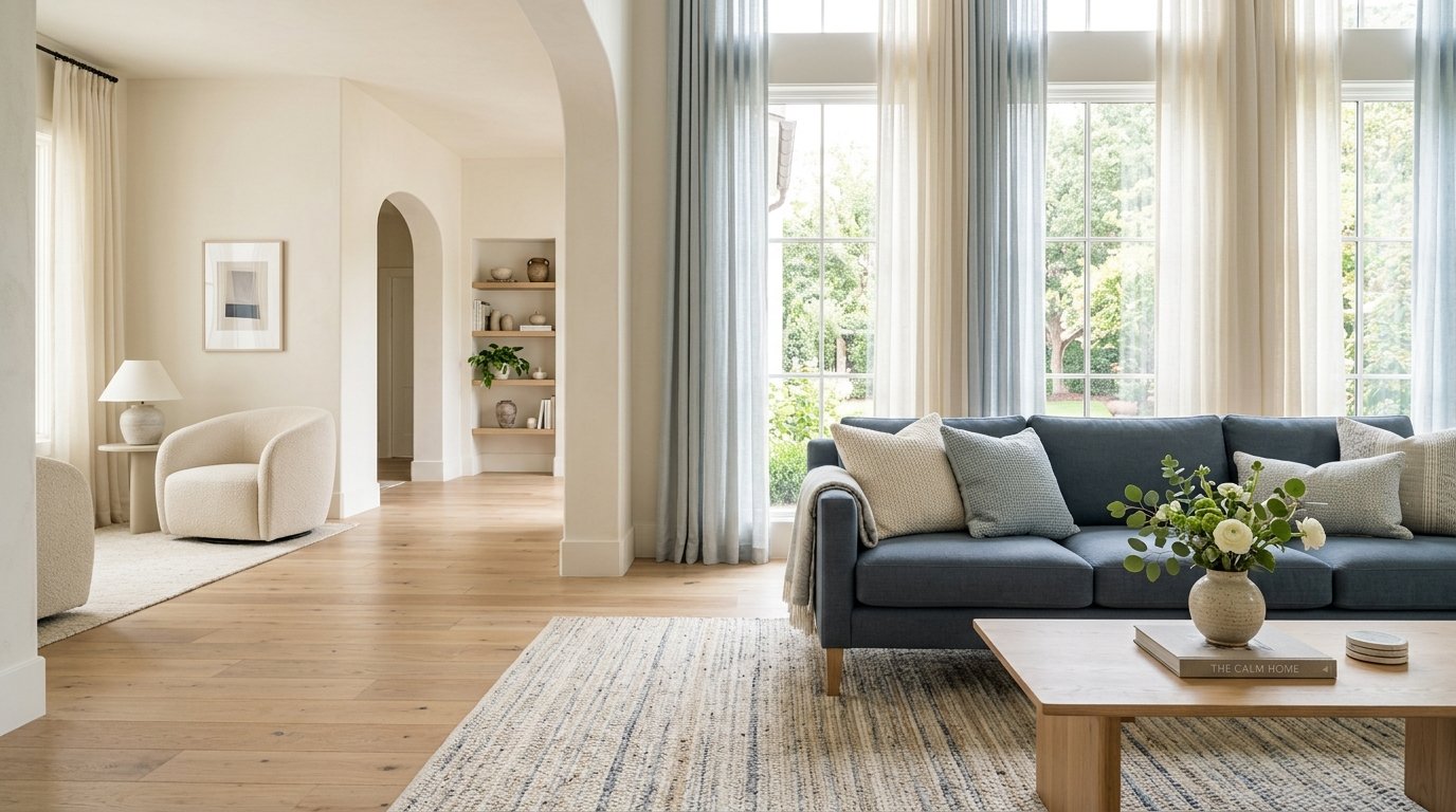 Sunlit contemporary living room with deep blue tailored sofa, pale sheer curtains, tactile woven rug, and natural oak table