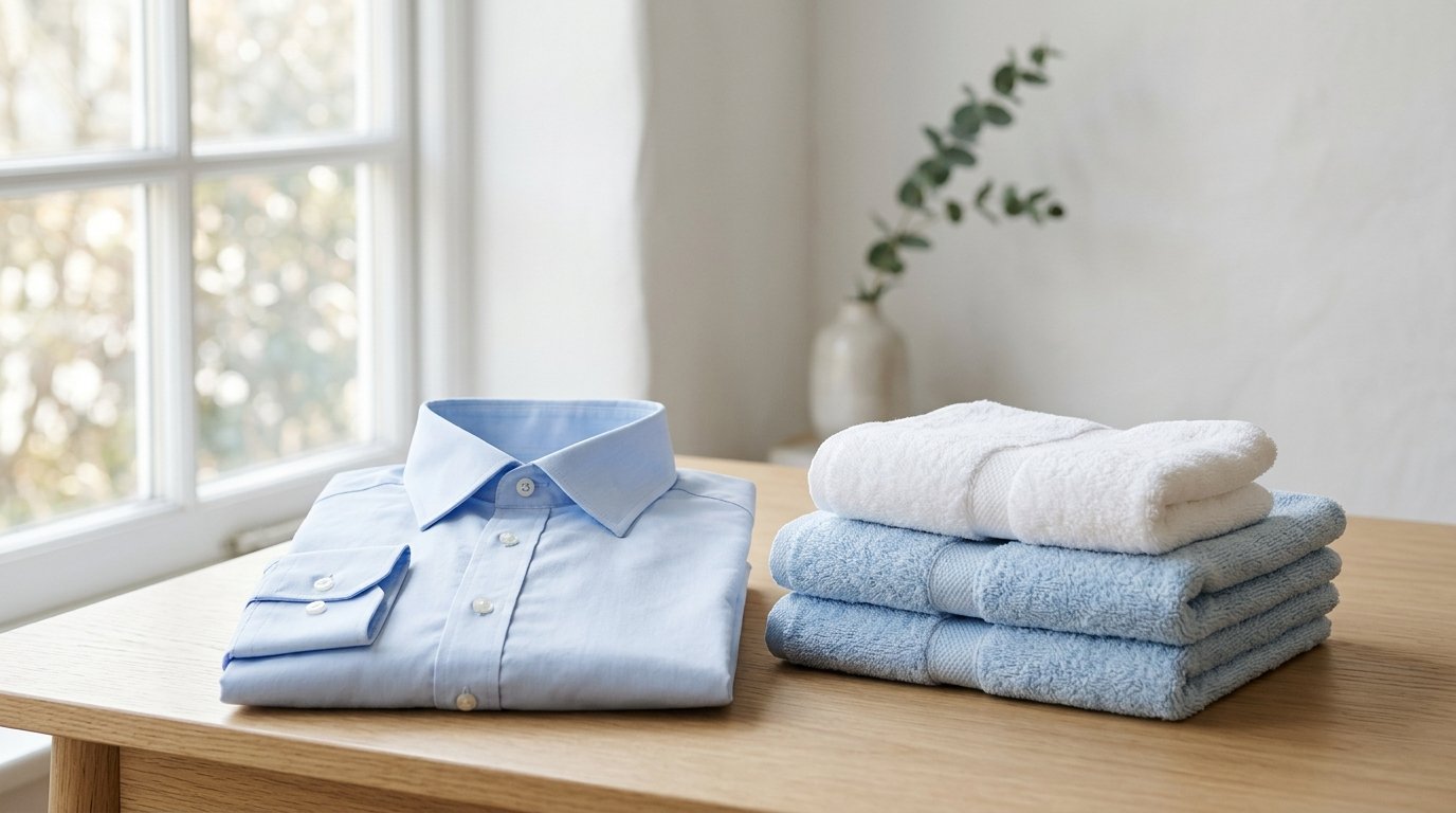 Neatly folded sky-blue dress shirt beside crisp, clean folded white and soft blue cotton towels in morning daylight