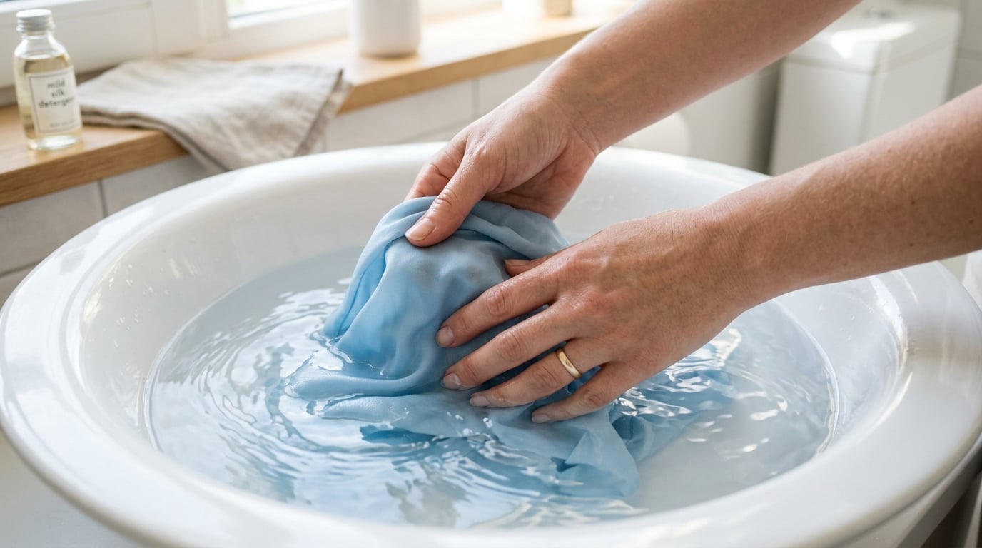 Hands gently washing a delicate sky-blue silk textile in a clear water porcelain basin