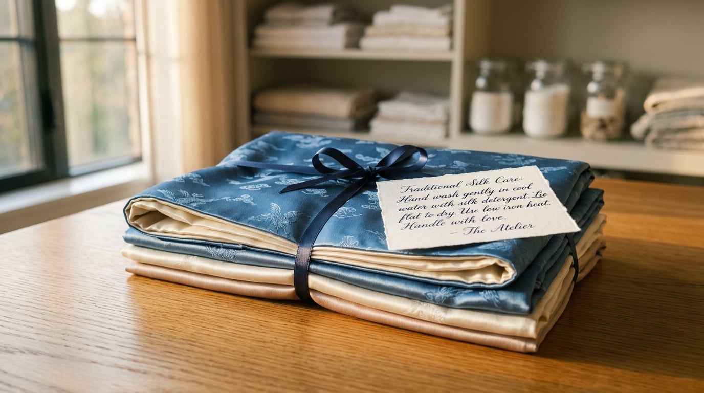 Folded traditional silk fabric tied with navy ribbon and care card on warm wood